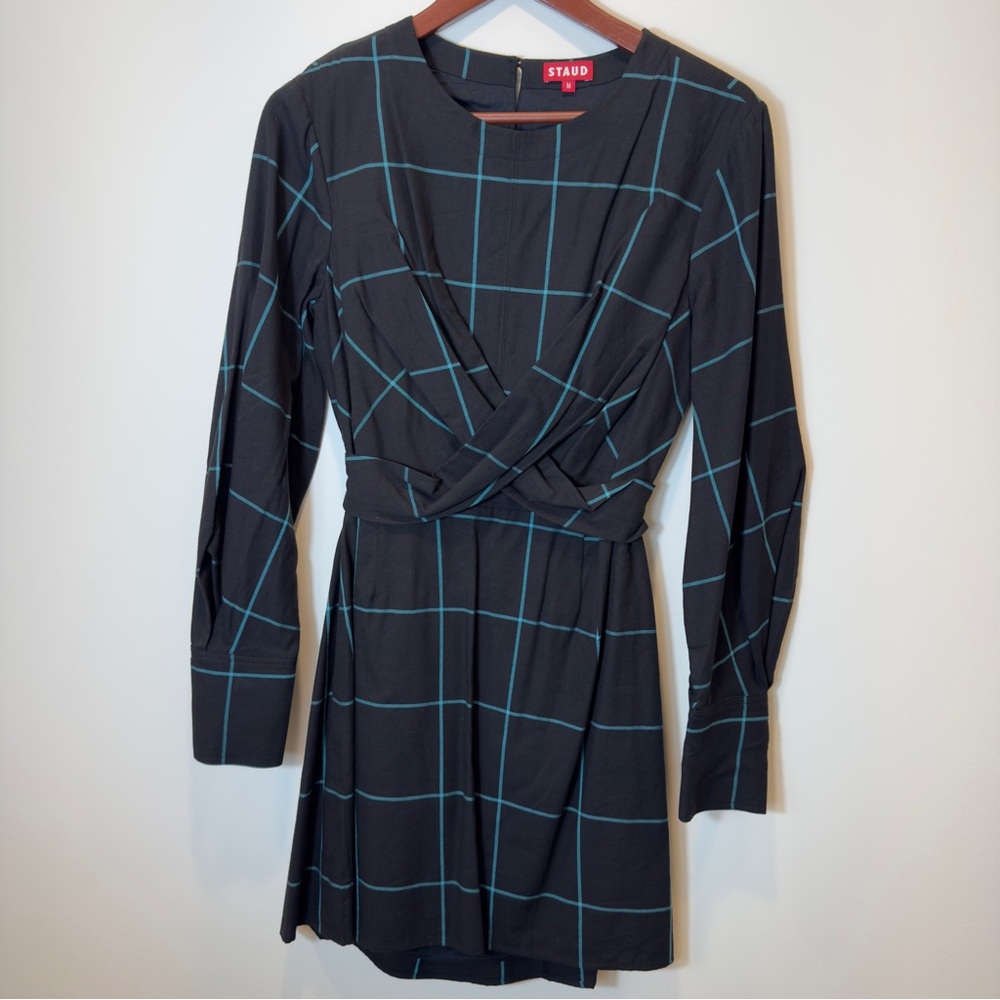 STAUD Crosshill Check Cut-Out Windowpane Minidress Black And Blue Size M Cotton